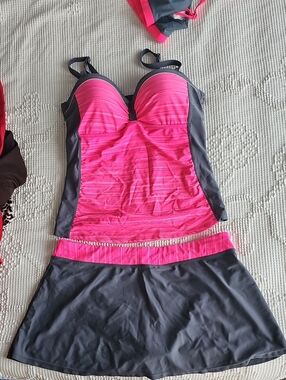 Pink and Gray Tankini with Skirt Swim Set